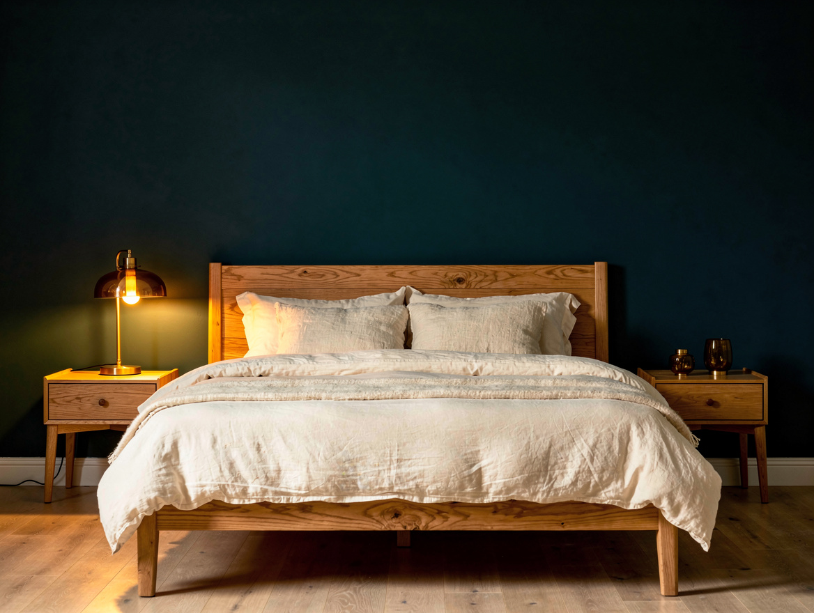 Medium shot of a charcoal headboard wall with a warm pine queen bed, cream beddi