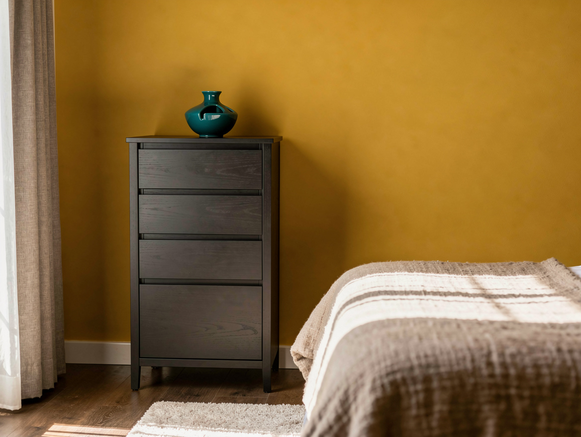 Medium-angle realistic photo of a narrow tall chest on the quiet side of a bed w