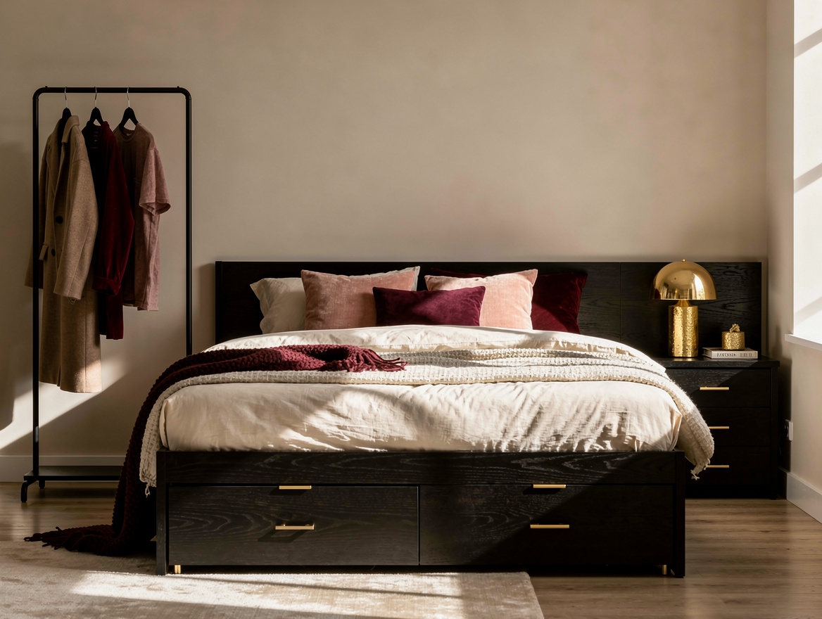 Medium-shot realistic interior photo of a small bedroom with a dark wood side-dr