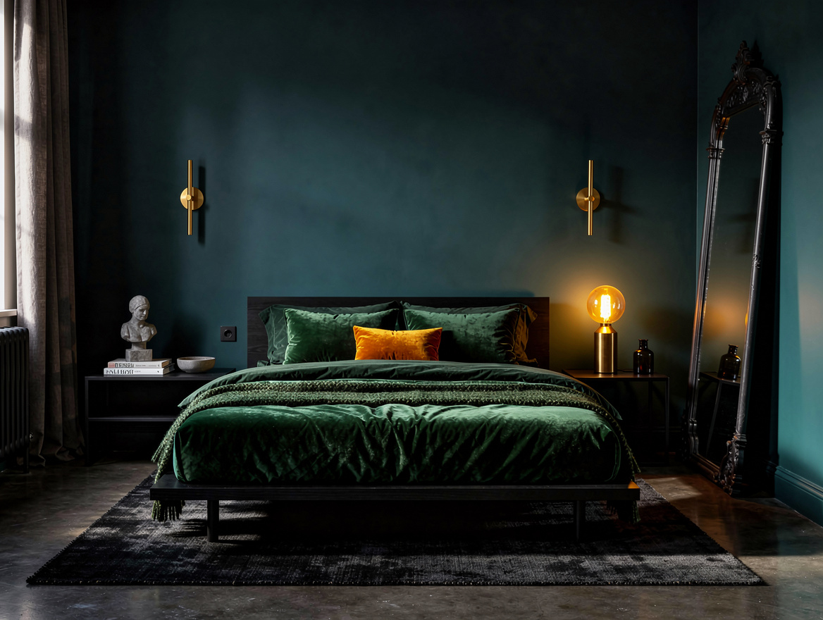 Realistic medium-wide photo of a modern gothic bedroom with low black wood bed,