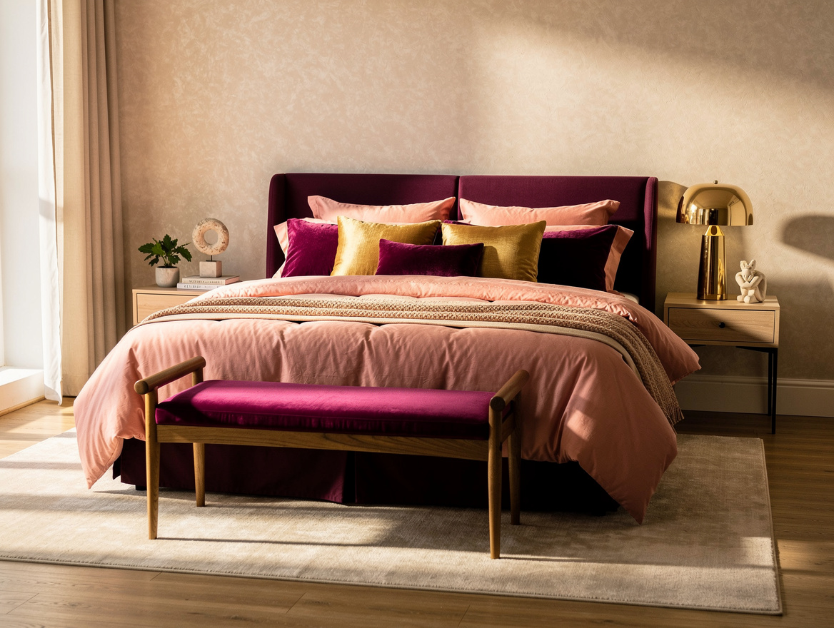Medium-angle photo of a queen bedroom with a wood-and-cushion bench at the footb