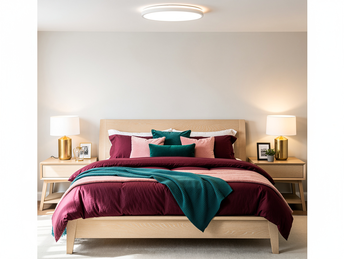 Medium-angle bedroom photo with a slim white LED flush mount, white ceiling, pal