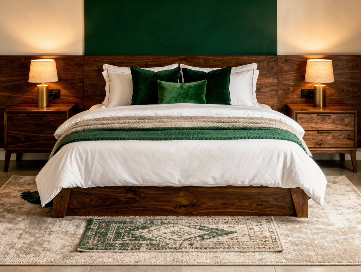 Medium shot of a queen bed with an 8 x 10 neutral base rug and a smaller rug shi