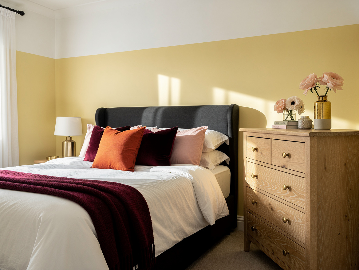 Medium-angle realistic bedroom photograph with pale butter yellow walls, white c