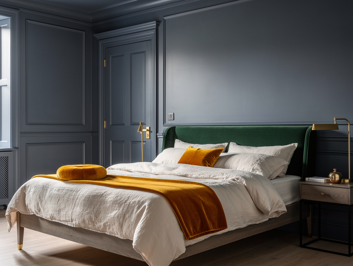 Realistic medium shot of a smoky blue-gray color-drenched bedroom with painted c