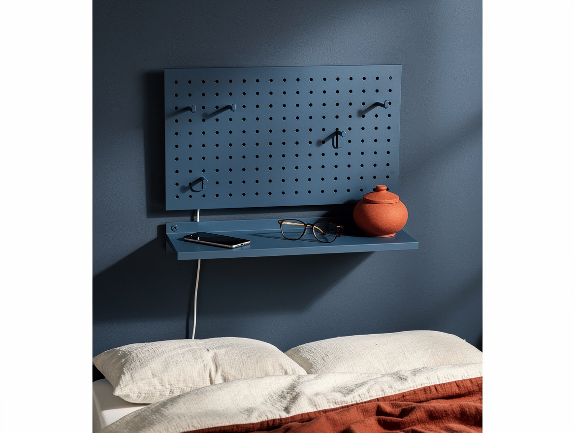 Medium shot of a small bedroom bedside wall with a 14¼ by 22 inch pegboard, phon