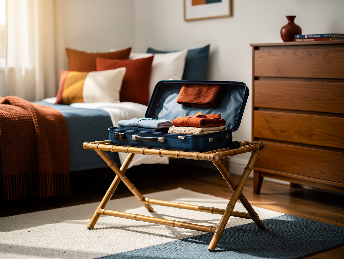 Medium-angle photo of a compact guest room with tall chest, bamboo folding lugga