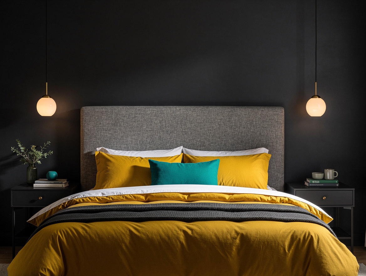 Medium view of a bedroom with two small opal-glass pendants hanging over matchin