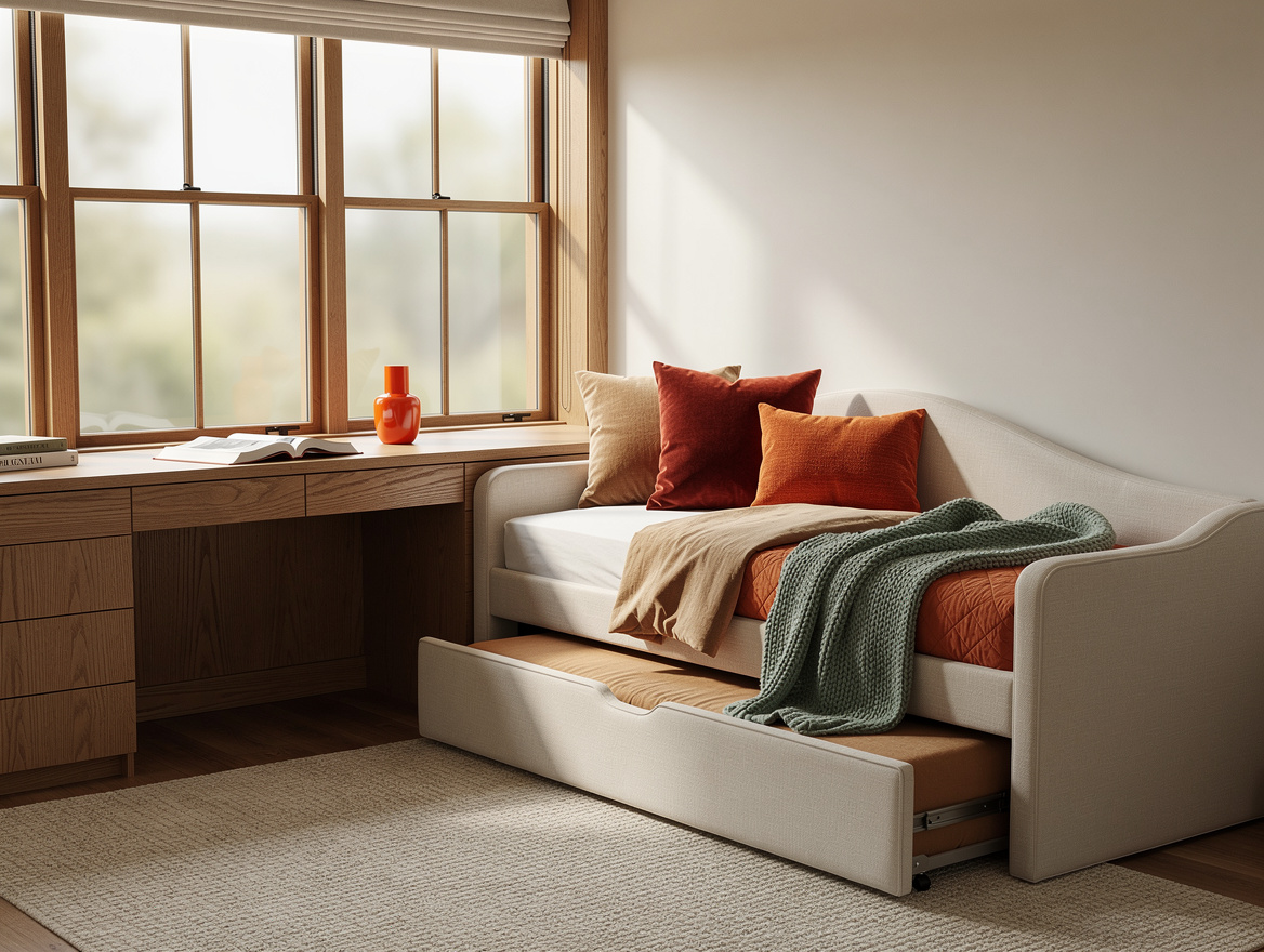 Realistic medium shot of a home office guest room with window-wall desk and upho
