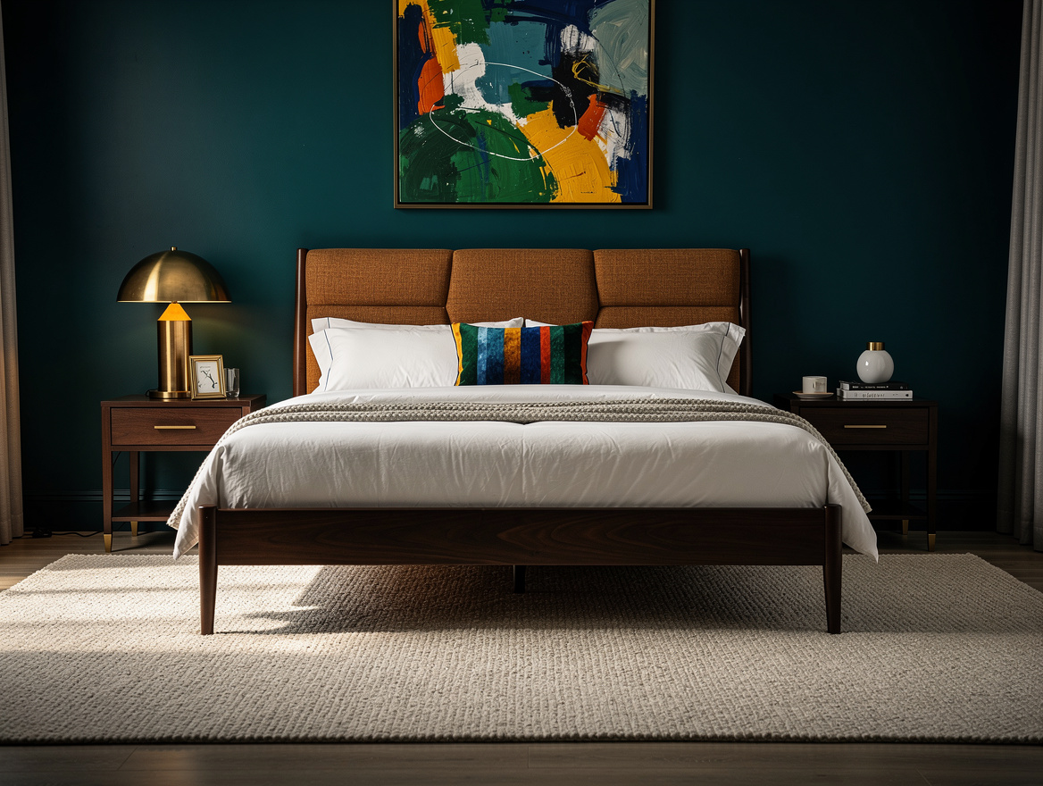 Realistic medium-shot bedroom photograph with a dark walnut bed, broad upholster