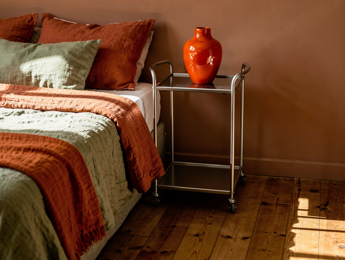 Medium view of a small bedroom showing a slim rolling cart pulled partly from th