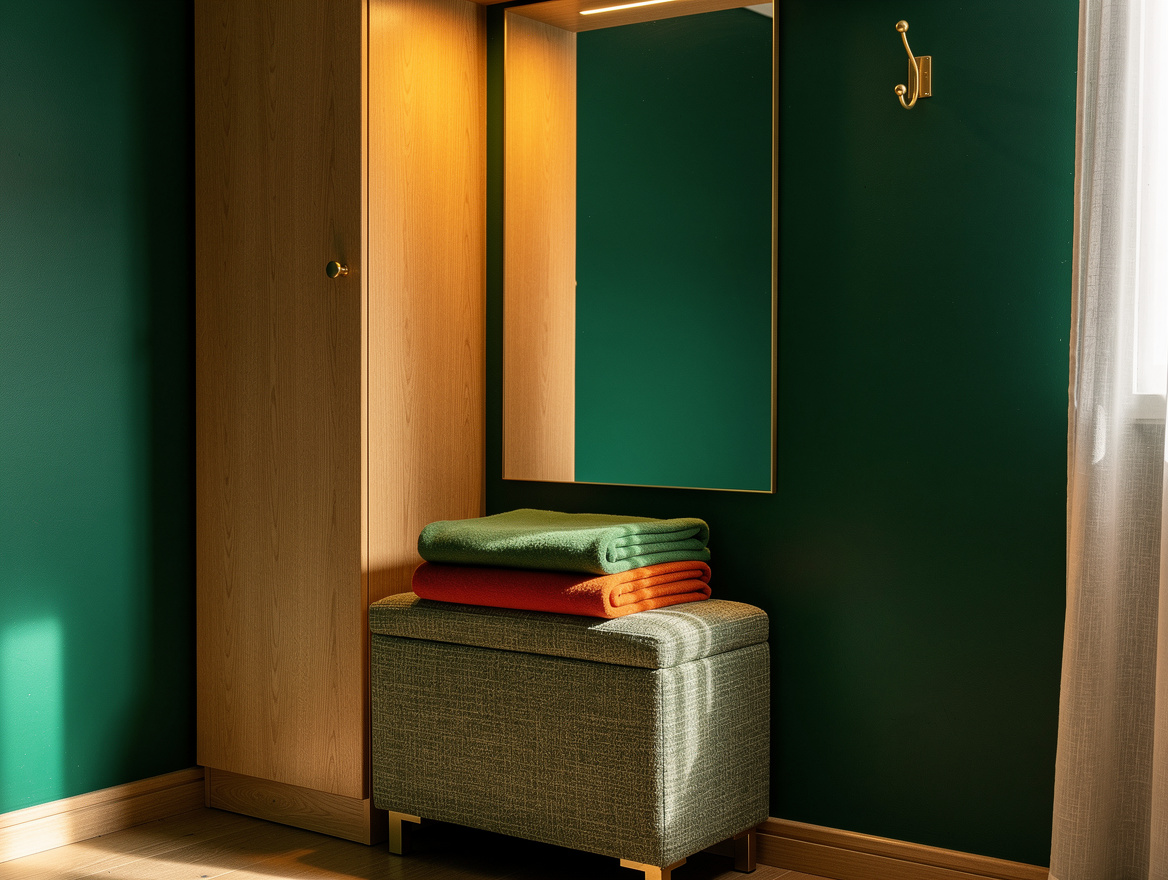 Medium-angle photo of a small bedroom dressing corner with an upholstered storag