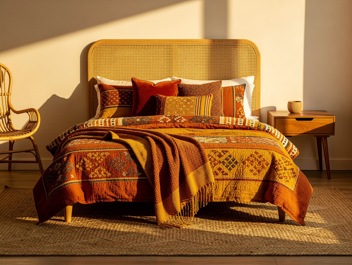Medium-angle editorial photo of a queen bed with cane headboard, oversized jute