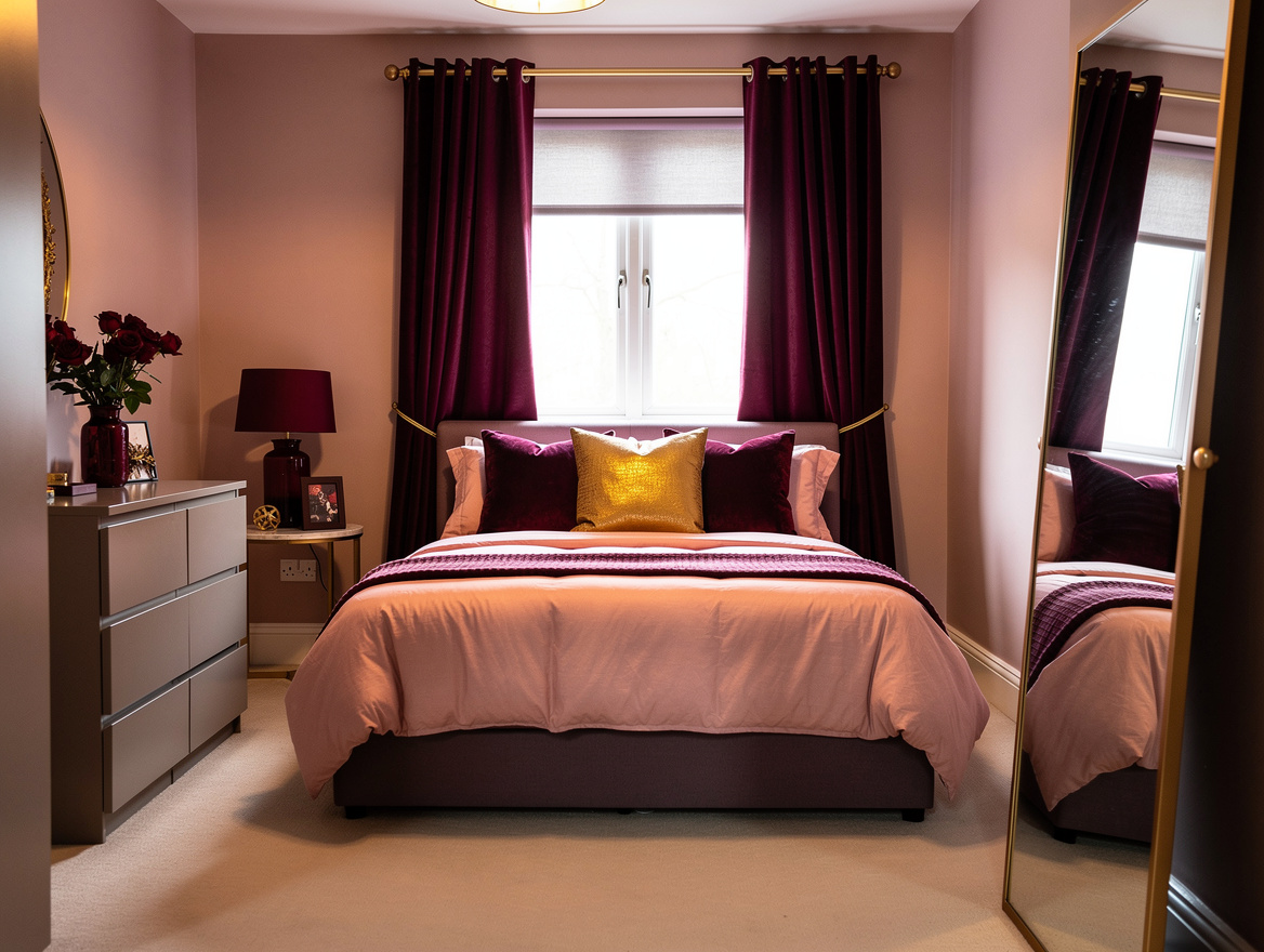 Medium-view realistic bedroom layout showing a queen bed at the far end and a qu
