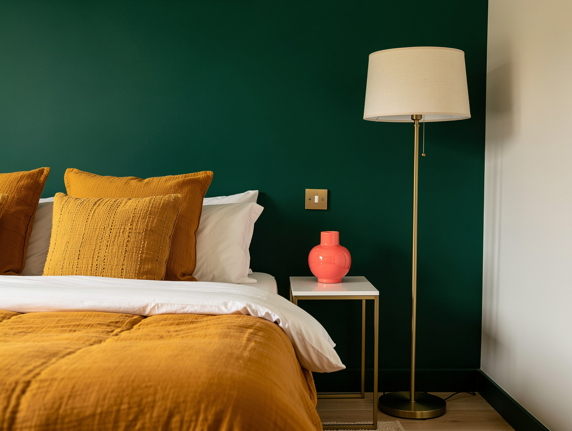 Medium shot of a small bedroom with a slim brass floor lamp replacing a bedside