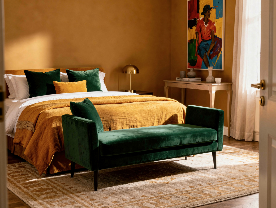 Medium view of a primary bedroom with a low compact loveseat floated at the foot