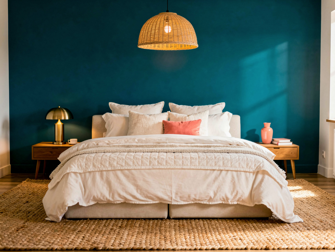 Medium view of a queen bed with teal accent wall, woven rattan pendant, ivory be