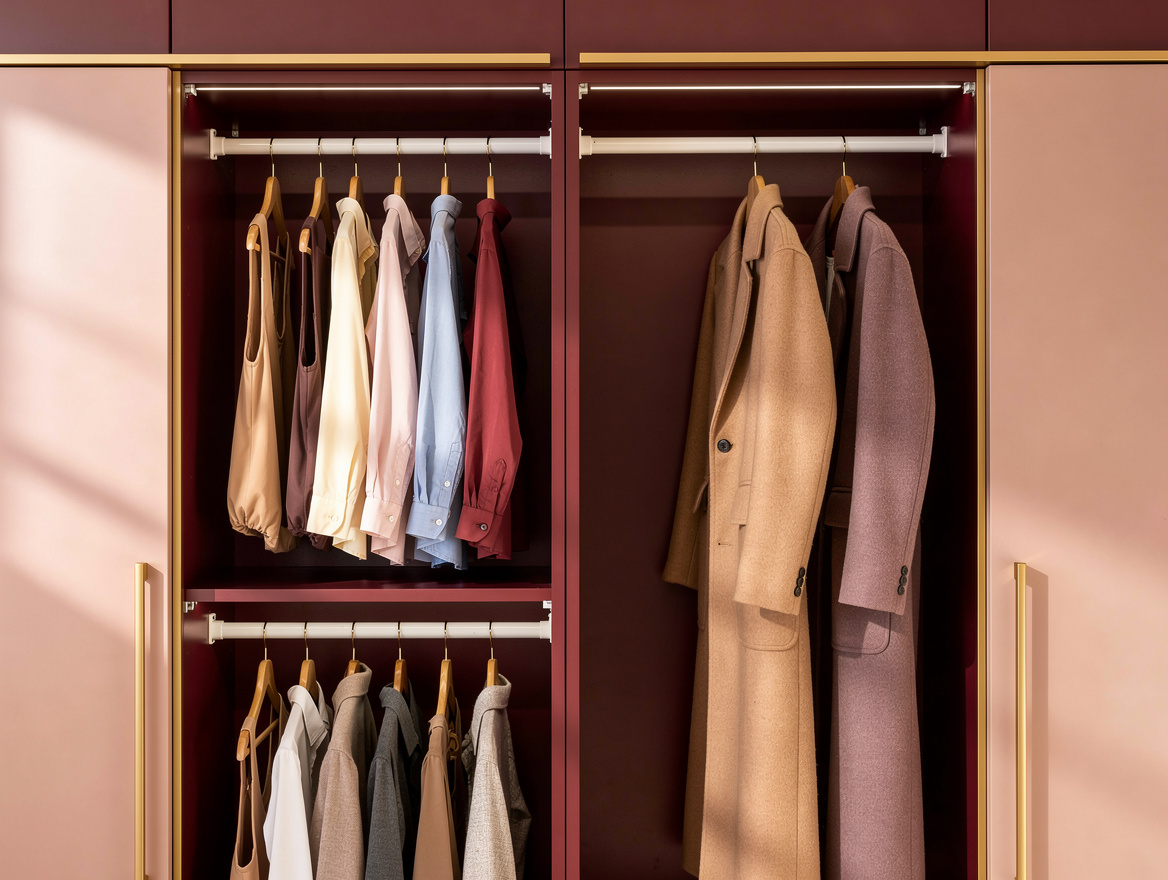 Medium-view editorial photograph of a 72-inch reach-in closet divided into doubl