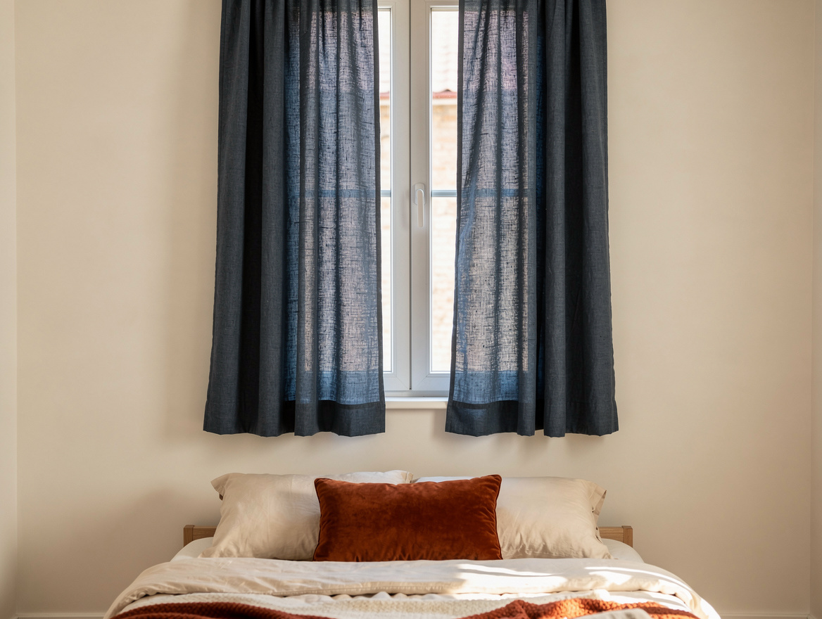 Medium shot of a small bedroom window with two full light-filtering linen-look c
