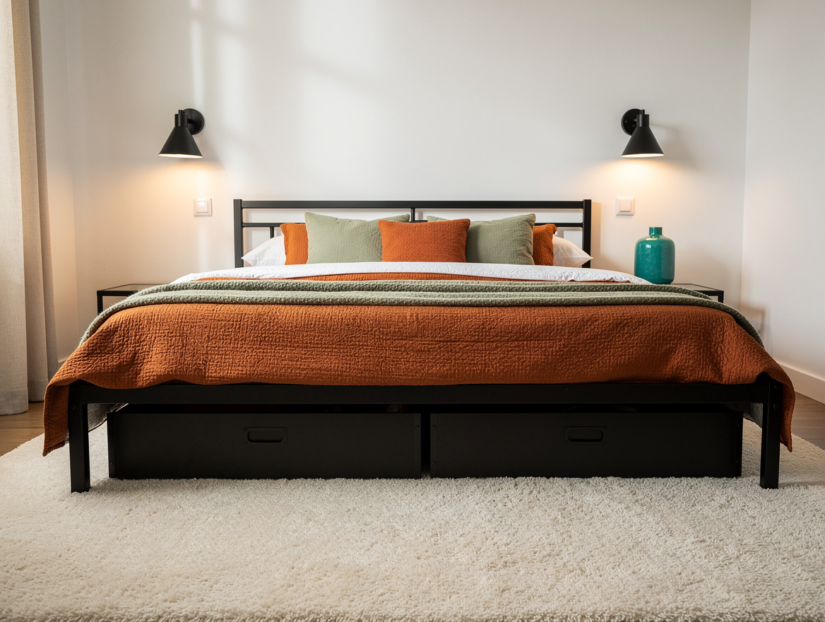 Medium-angle photograph of a compact industrial bedroom with low black steel bed
