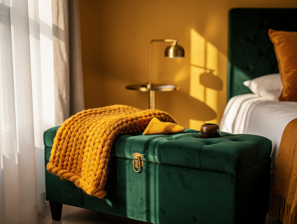 ambiance photo of a cozy small bedroom corner with a tufted velvet storage bench