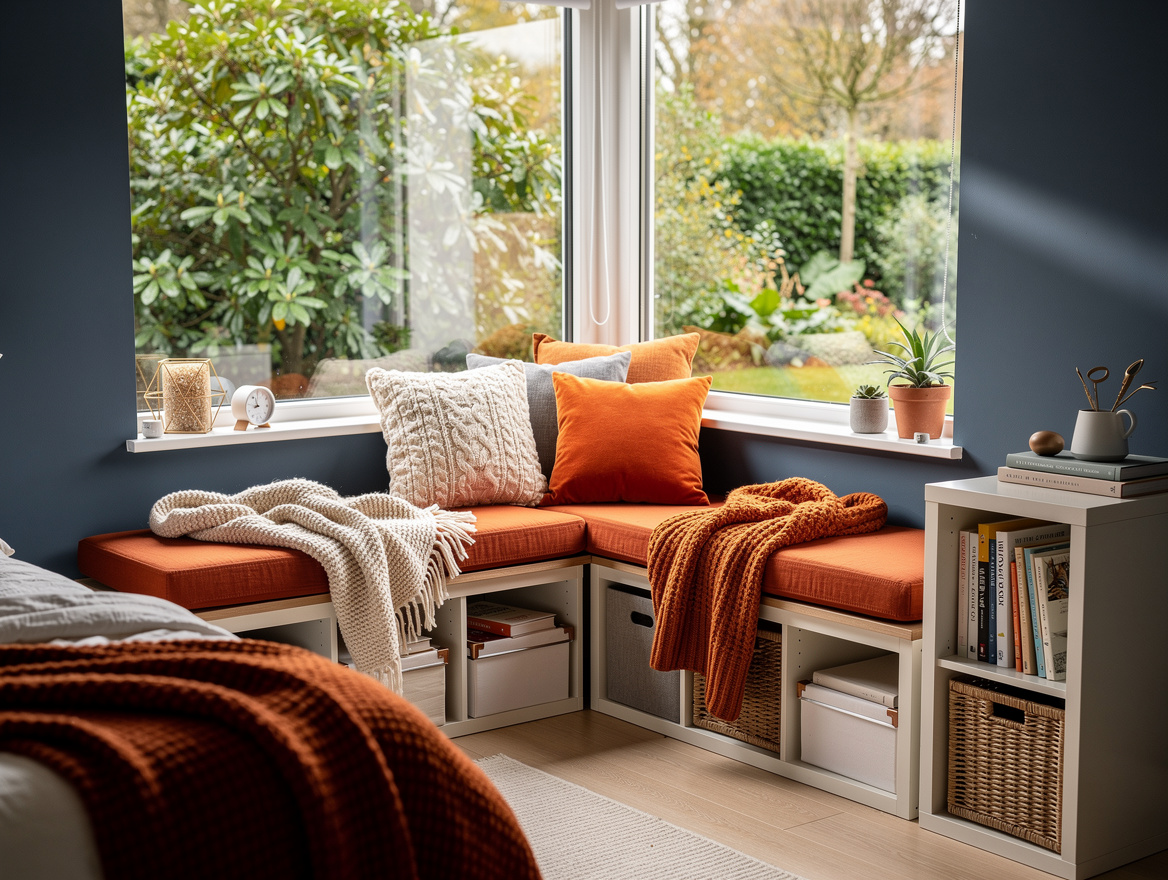 Wide atmospheric photo of a cozy compact bedroom with an L-shaped window seat re