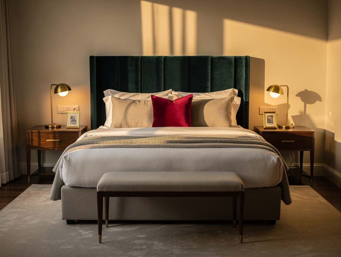 Atmospheric luxury hotel-inspired bedroom photo with king bed, properly scaled w