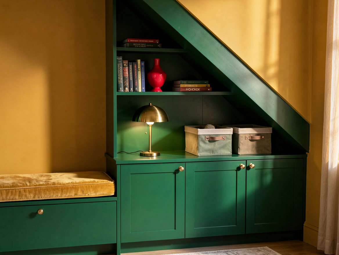 ambient wide shot of a bedroom staircase wall with low closed cabinets and open