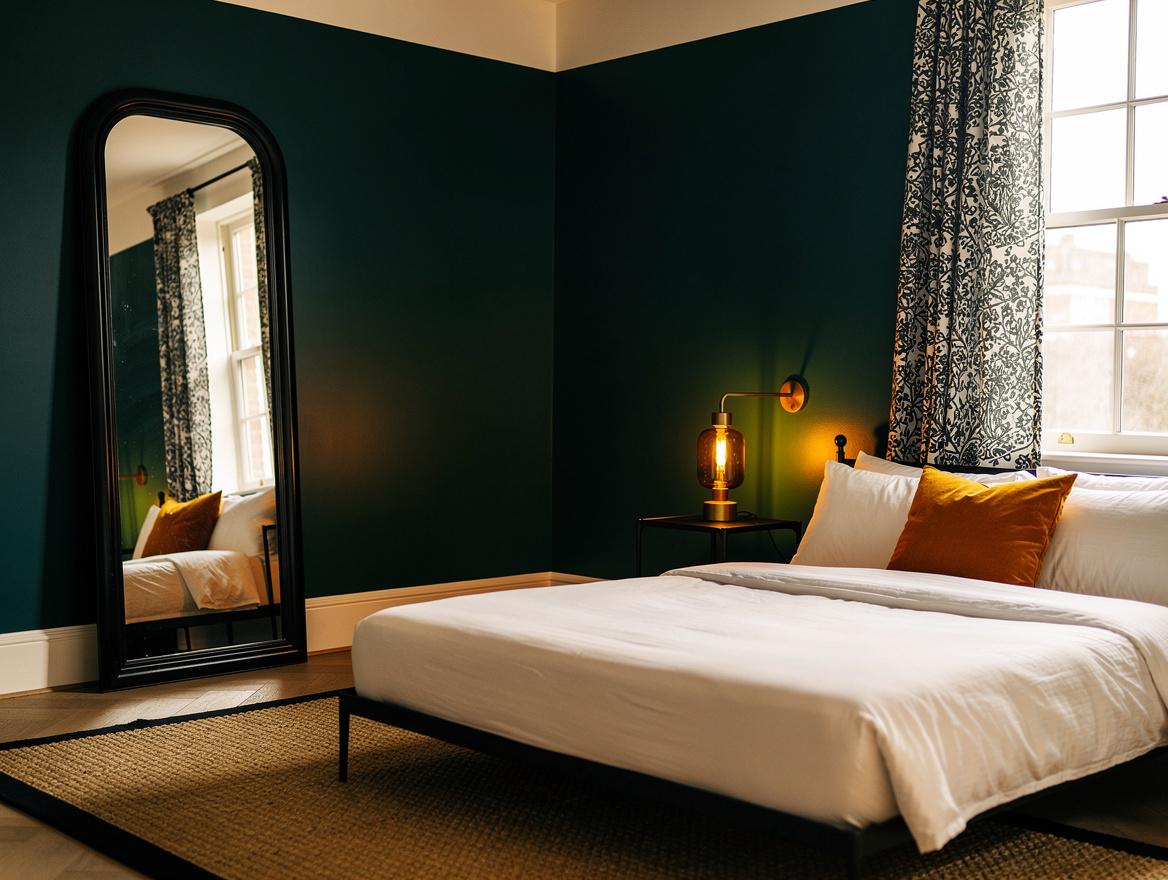 Wide atmospheric bedroom photo with a tall black-framed mirror opposite a window