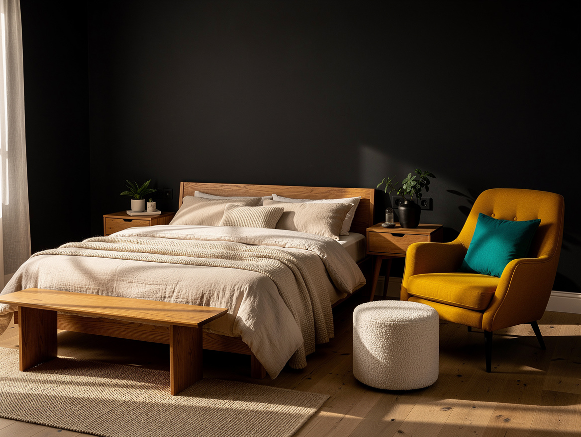Wide atmospheric photo of a warm minimalist bedroom with a round bouclé storage