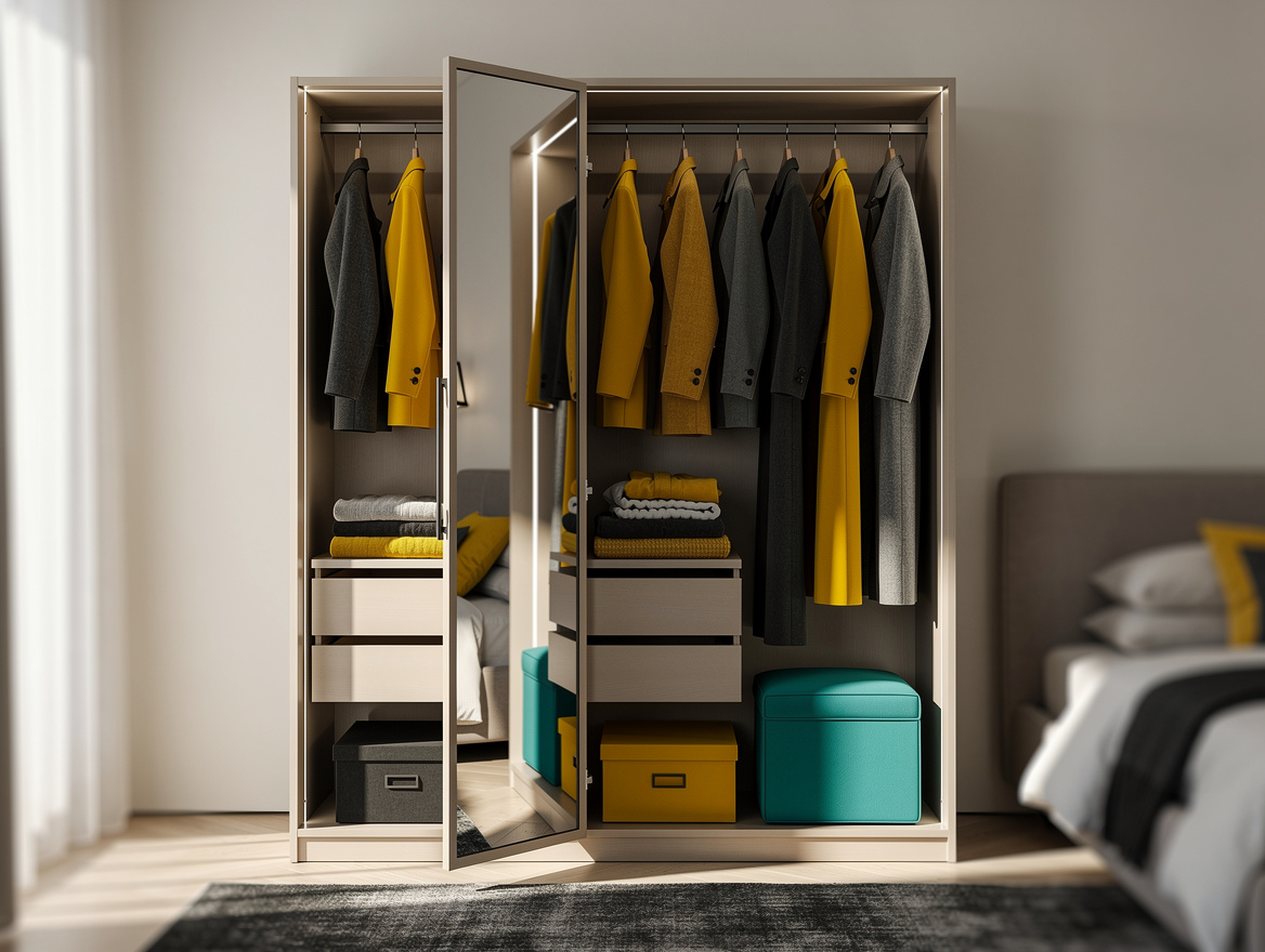 Wide atmospheric photo of an organized wardrobe dressing zone with a pull-out mi