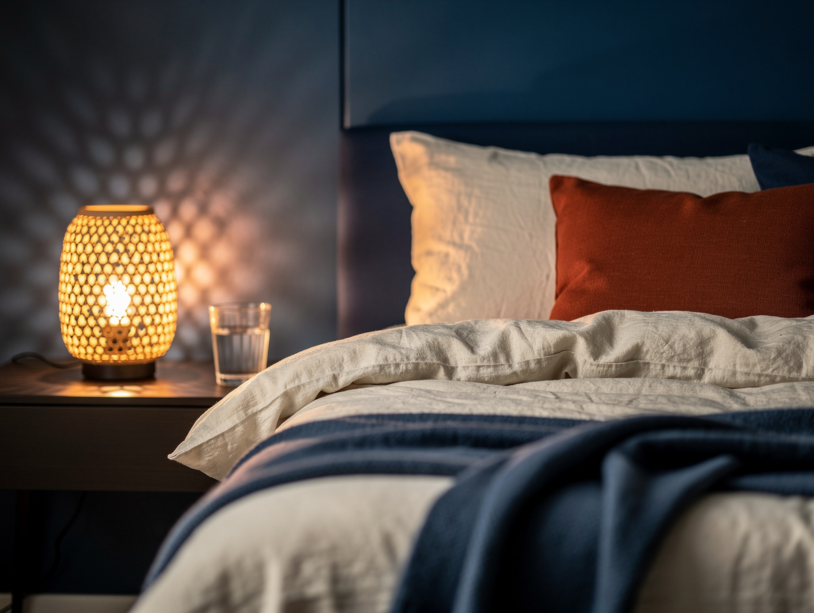 Atmospheric evening bedroom photograph with a small rattan rechargeable lamp cas