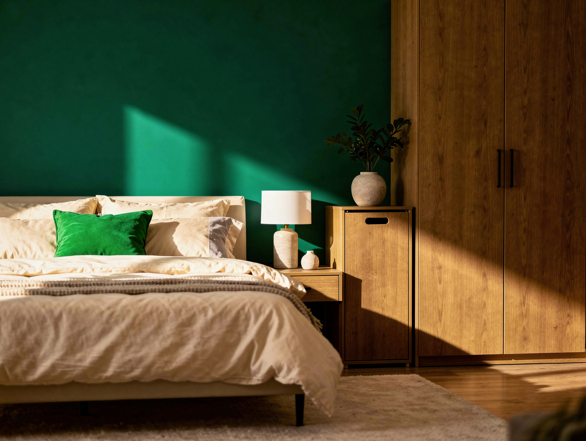 Wide atmospheric photo of a tidy bedroom with a slim tall hamper cabinet beside