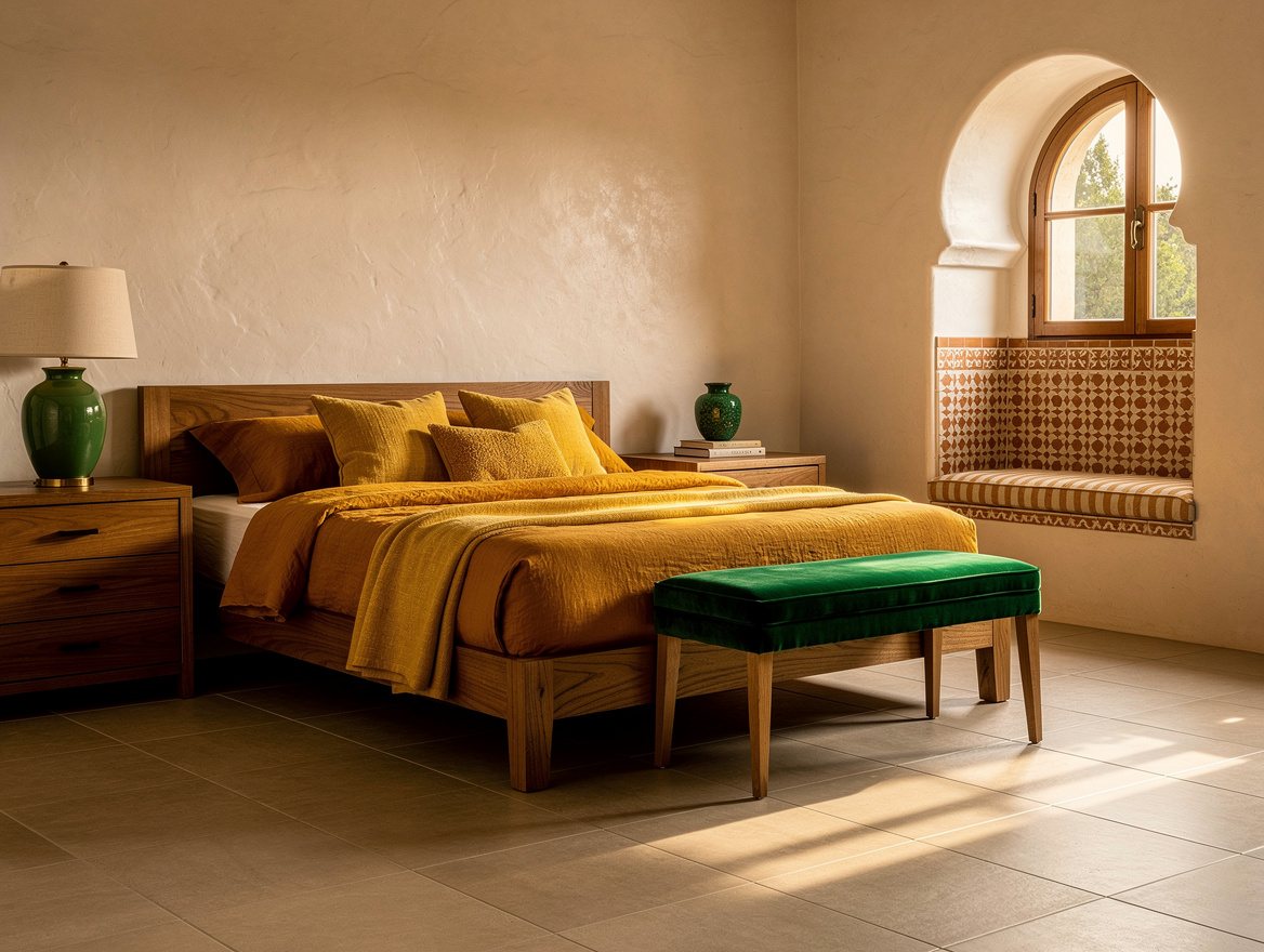 Wide atmospheric Spanish Revival bedroom with neutral porcelain floor, tiled win