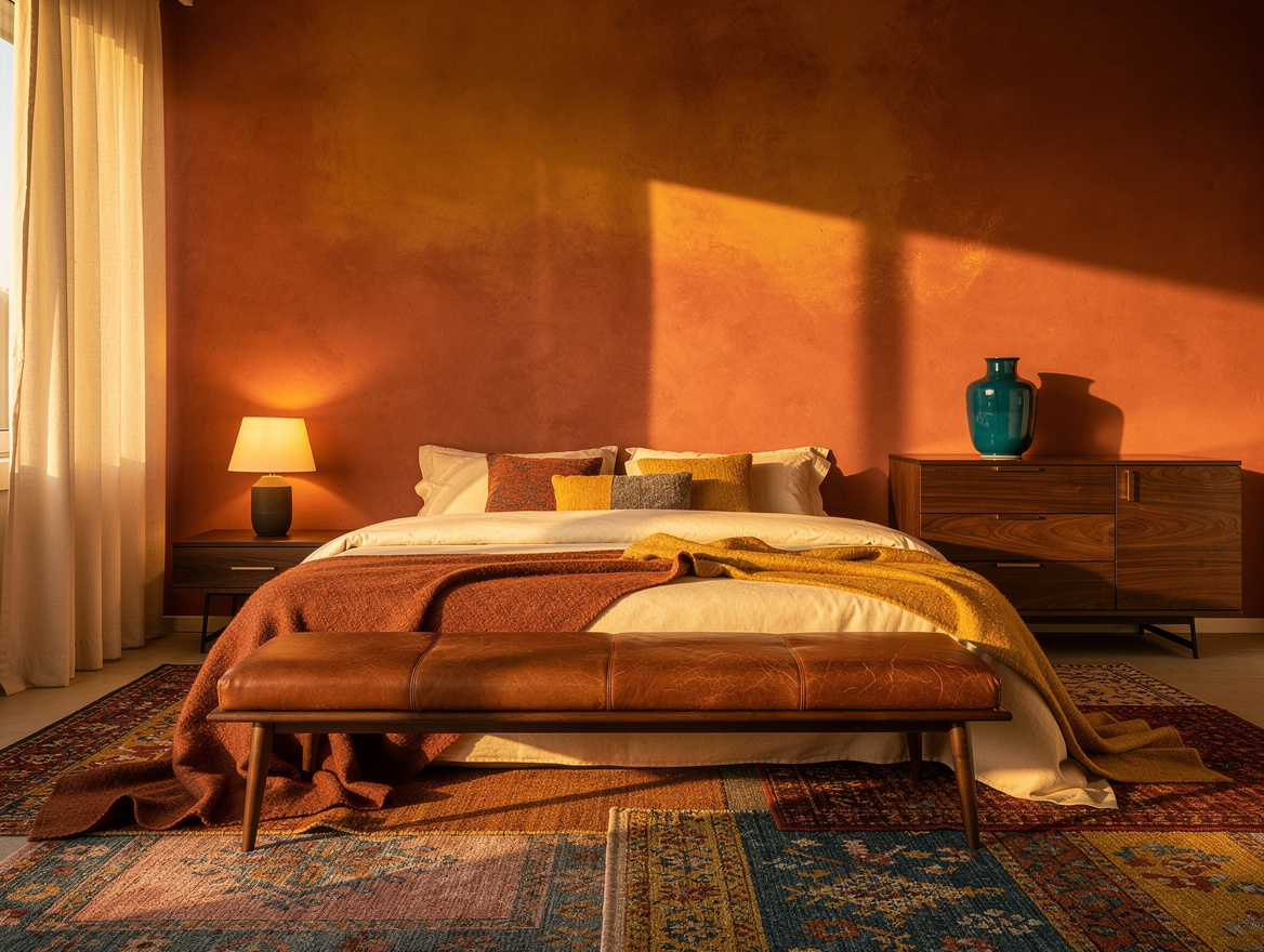 Atmospheric wide bedroom scene with clay-painted wall, cream bedding, cognac lea
