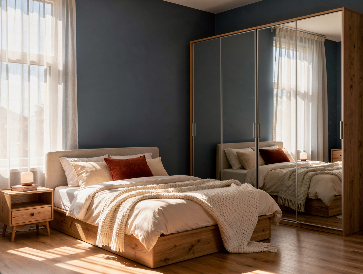 Realistic wide atmospheric editorial photo of a small bedroom with mirrored IKEA