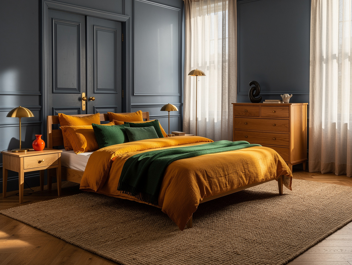 Wide atmospheric photo of a soft dusty-blue color-drenched bedroom, painted door