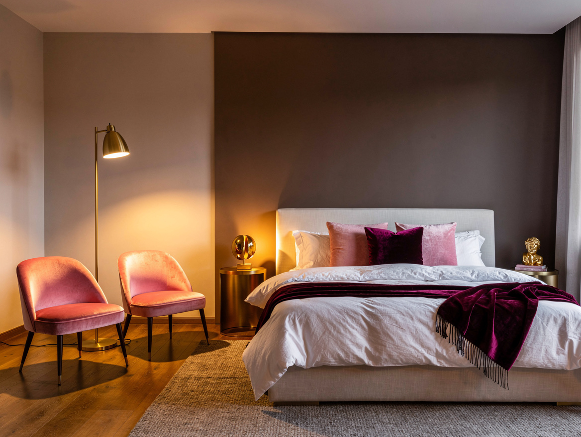 Wide atmospheric editorial photo of a spacious American primary bedroom with two