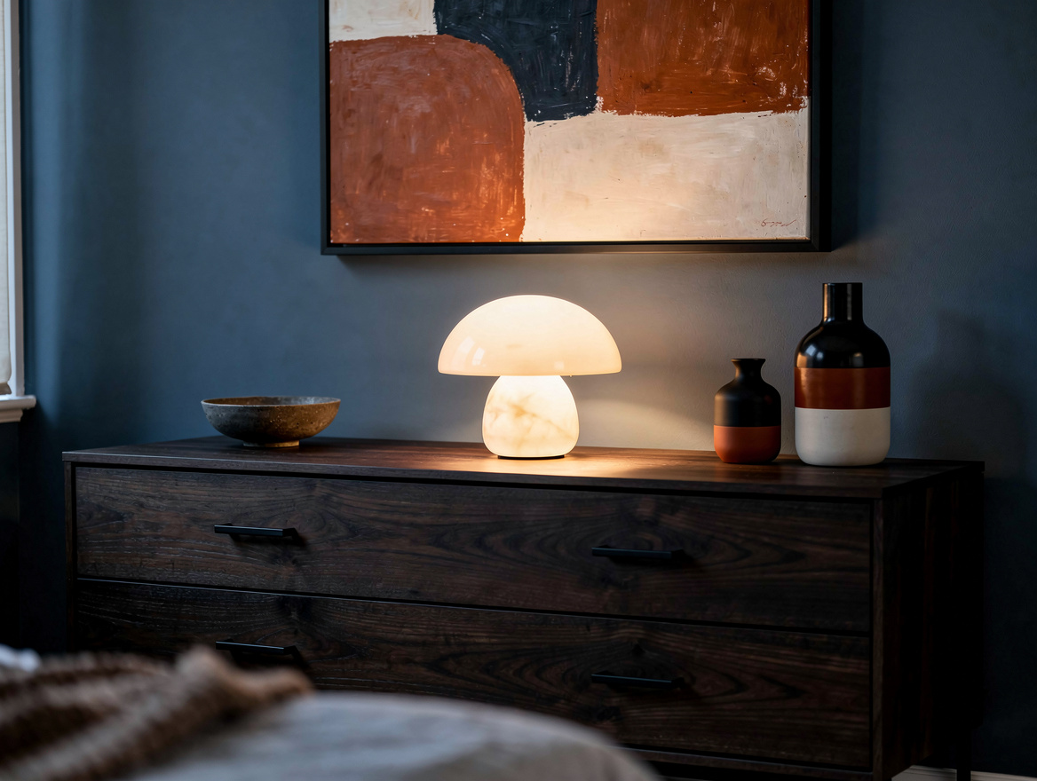 Atmospheric bedroom corner with low glowing opal glass mushroom lamp beneath ove