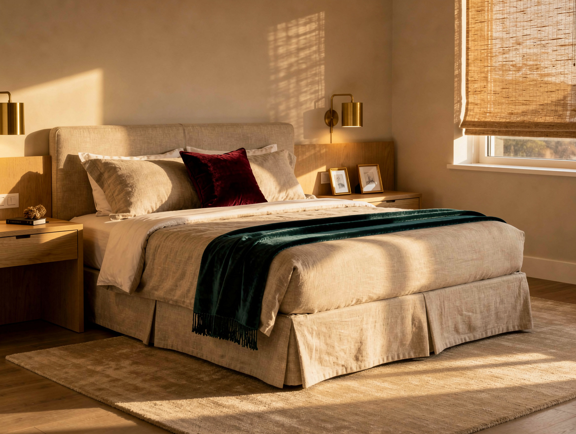 Wide atmospheric photograph of a warm neutral bedroom with a tailored oatmeal li