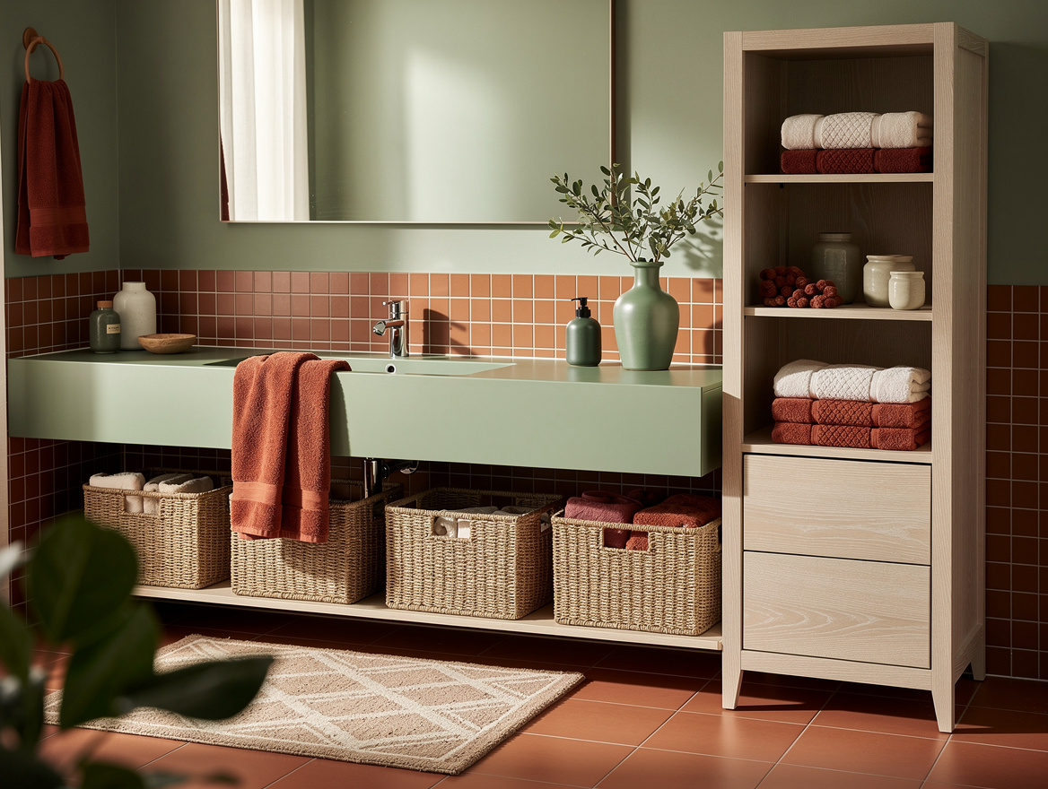 Wide atmospheric photo of a calm shared family bathroom with a long trough vanit