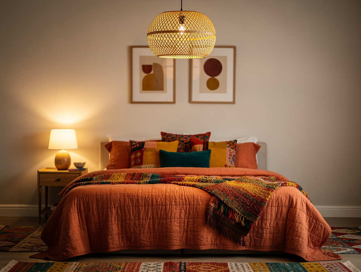 Wide atmospheric photograph of a calm bedroom with a woven rattan pendant, coral