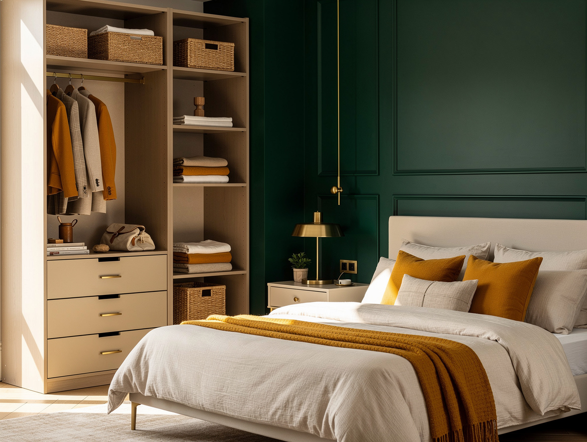 Wide atmospheric photograph of an organized bedroom without a closet, door-free