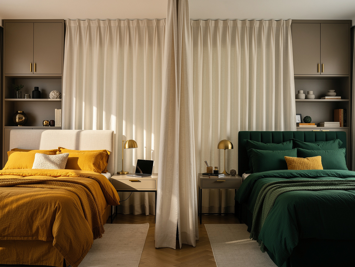 Wide atmospheric photo of a shared adult bedroom with ceiling-mounted cream curt