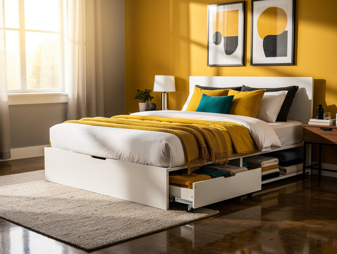 Wide atmospheric photo of a tidy no-closet rental bedroom using an IKEA-style st