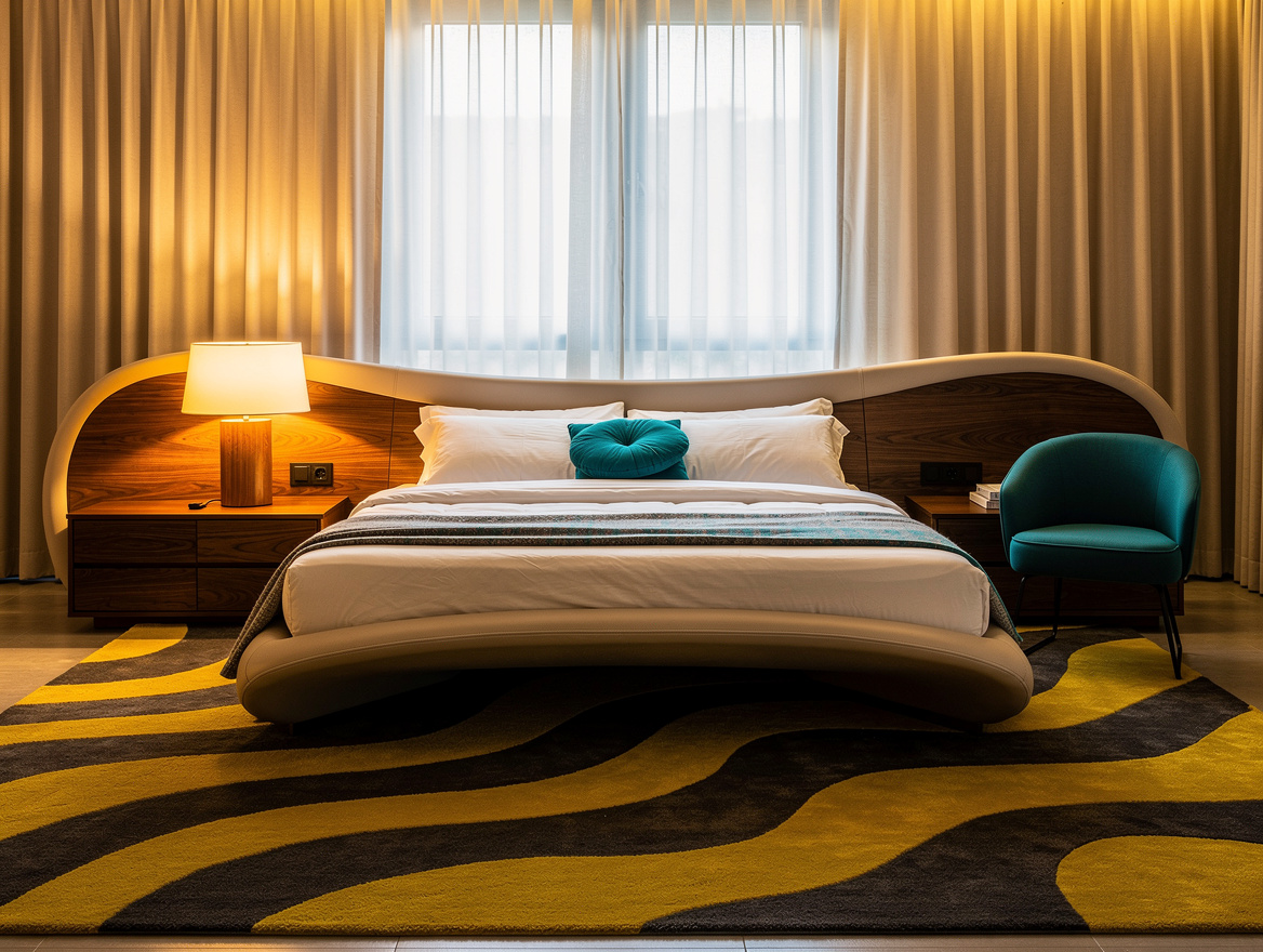 Wide atmospheric editorial bedroom photo with a sculptural curved bed, warm wood