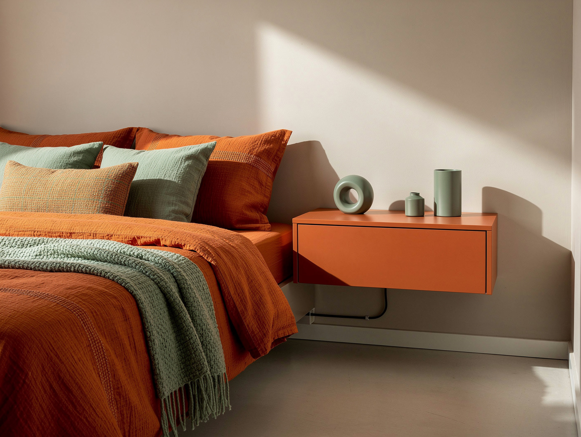 Wide atmospheric photograph of a compact guest room with floating bedside cabine