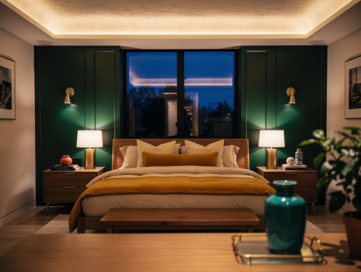 Wide atmospheric bedroom photo at dusk showing layered lighting: dimmed vanity s