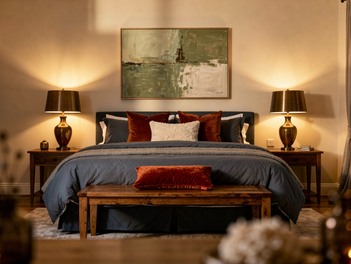 Atmospheric wide bedroom photo at dusk, creamy ivory walls, oak bench, muted sag