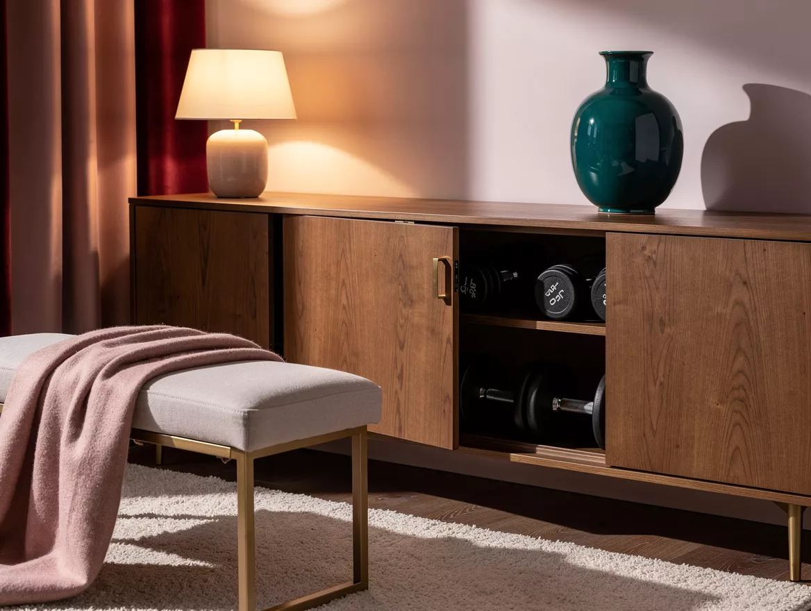 Atmospheric editorial home-decor photograph of a quiet bedroom-adjacent strength